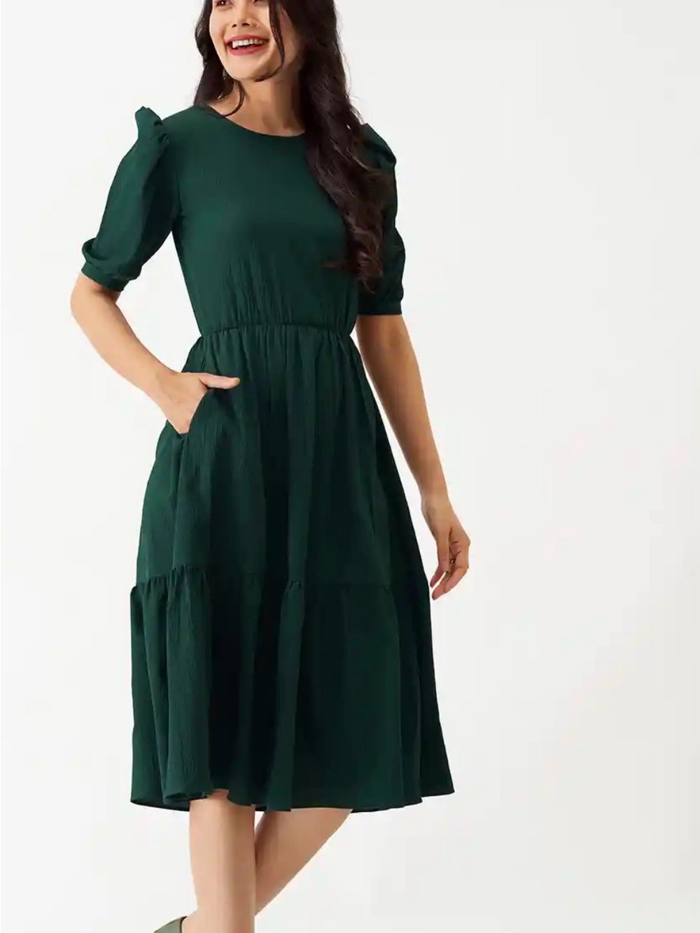 Forest Green Tiered Midi Dress with Puff Sleeves